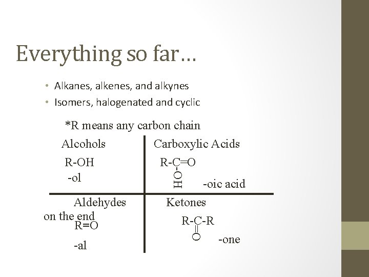 Everything so far… • Alkanes, alkenes, and alkynes • Isomers, halogenated and cyclic -OH