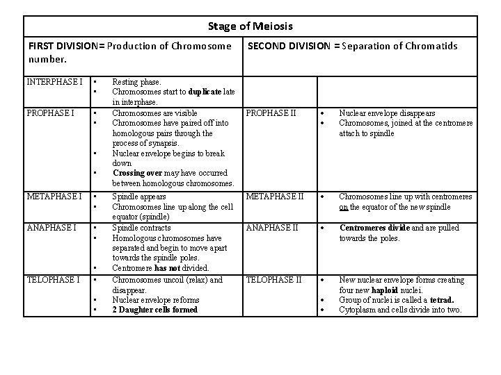 Stage of Meiosis FIRST DIVISION= Production of Chromosome number. INTERPHASE I • • PROPHASE