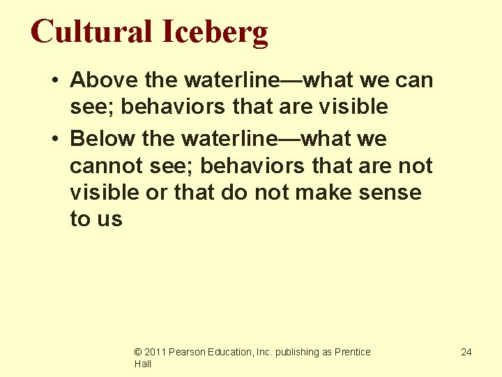 Cultural Iceberg • Above the waterline—what we can see; behaviors that are visible •