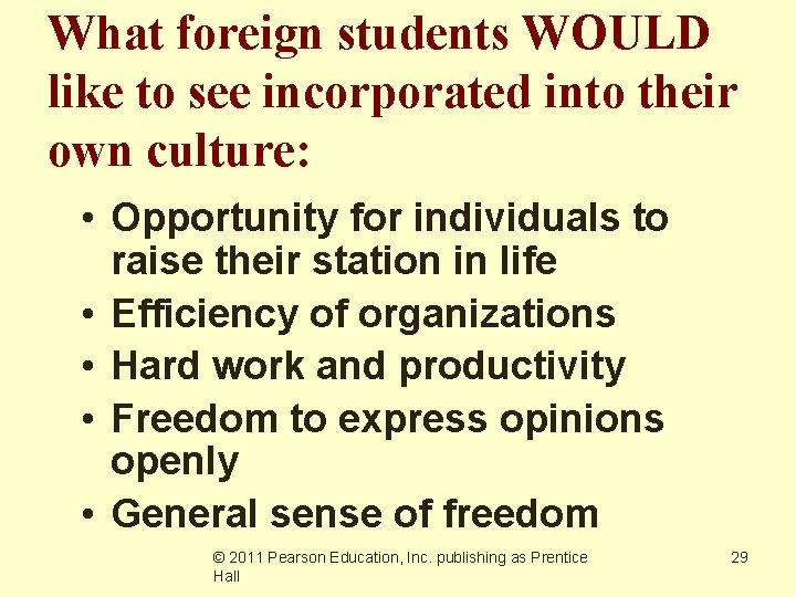 What foreign students WOULD like to see incorporated into their own culture: • Opportunity