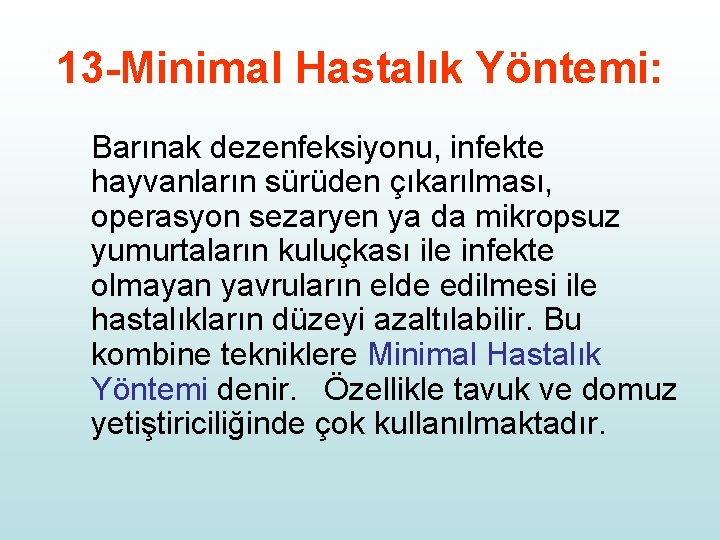 13 -Minimal Hastalık Yöntemi: Barınak dezenfeksiyonu, infekte hayvanların sürüden çıkarılması, operasyon sezaryen ya da