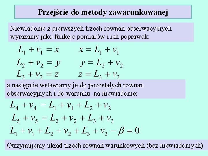 Przejście do metody zawarunkowanej Niewiadome z pierwszych trzech równań obserwacyjnych wyrażamy jako funkcje pomiarów