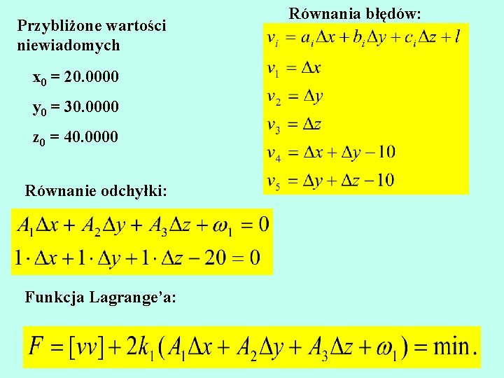 Przybliżone wartości niewiadomych x 0 = 20. 0000 y 0 = 30. 0000 z