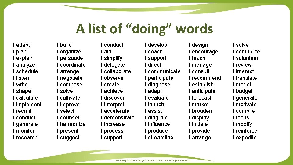 A list of “doing” words I adapt I plan I explain I analyze I