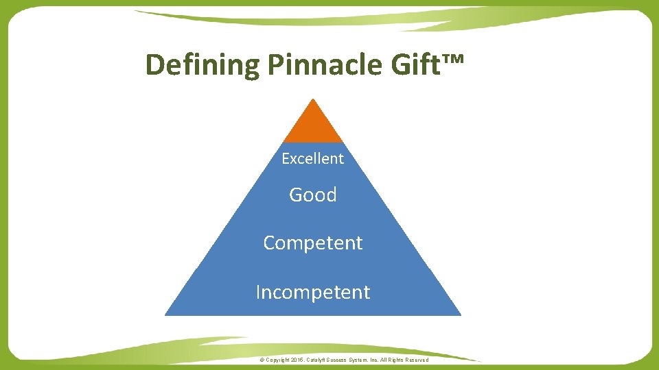 Defining Pinnacle Gift™ Excellent Good Competent Incompetent © Copyright 2015. Catalyft Success System, Inc.