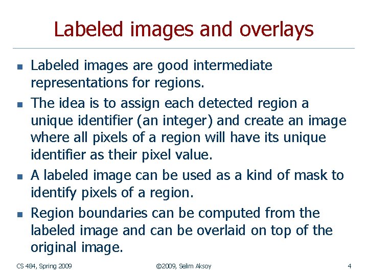 Labeled images and overlays n n Labeled images are good intermediate representations for regions.