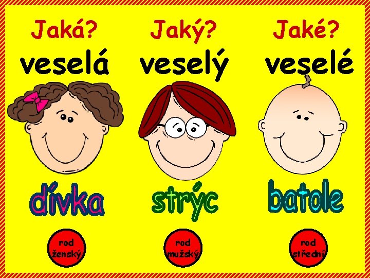 Jaká? Jaký? rod ženský rod mužský veselá veselý Jaké? veselé rod střední 