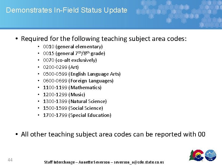 Demonstrates In-Field Status Update • Required for the following teaching subject area codes: •
