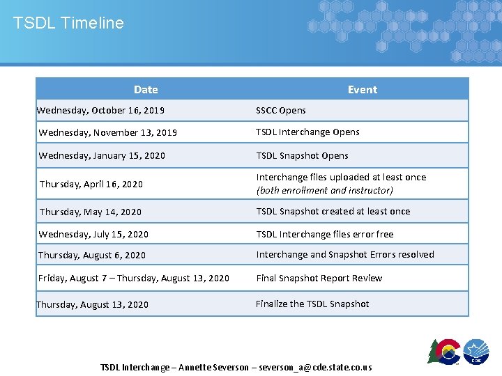 TSDL Timeline Date Event Wednesday, October 16, 2019 SSCC Opens Wednesday, November 13, 2019