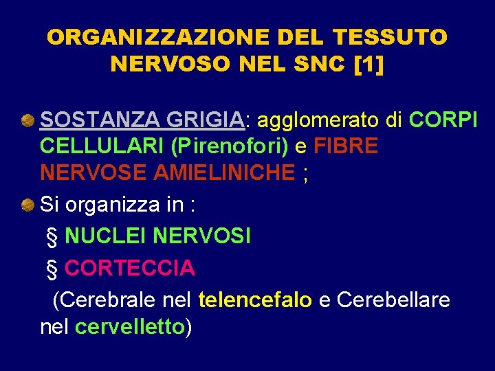ORGANIZZAZIONE DEL TESSUTO NERVOSO NEL SNC [1] SOSTANZA GRIGIA: agglomerato di CORPI CELLULARI (Pirenofori)