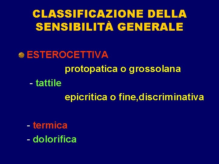 CLASSIFICAZIONE DELLA SENSIBILITÀ GENERALE ESTEROCETTIVA protopatica o grossolana - tattile epicritica o fine, discriminativa CLASSIFICAZIONE DELLA SENSIBILITÀ GENERALE ESTEROCETTIVA protopatica o grossolana - tattile epicritica o fine, discriminativa