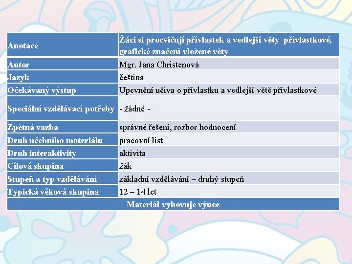 Anotace Autor Jazyk Očekávaný výstup Žáci si procvičují přívlastek a vedlejší věty přívlastkové, grafické