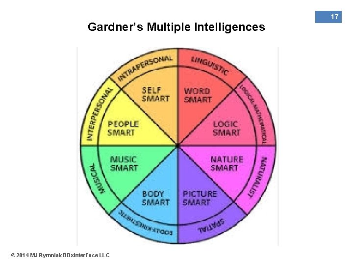 Gardner’s Multiple Intelligences © 2014 MJ Rymniak BDx. Inter. Face LLC 17 
