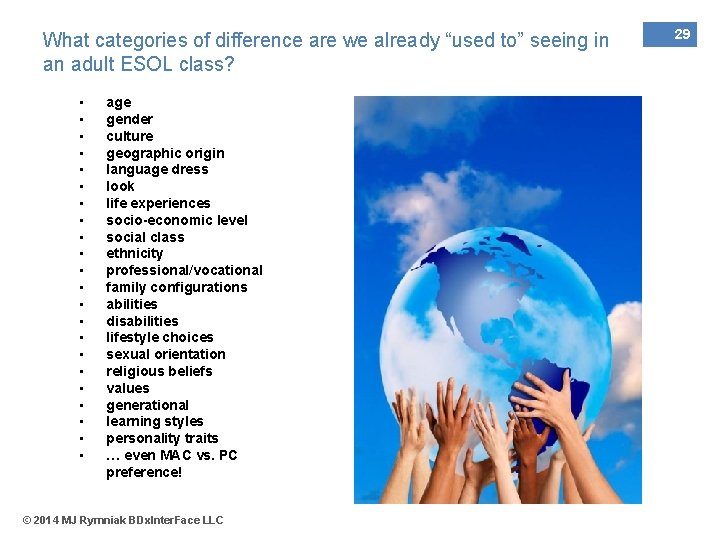 What categories of difference are we already “used to” seeing in an adult ESOL
