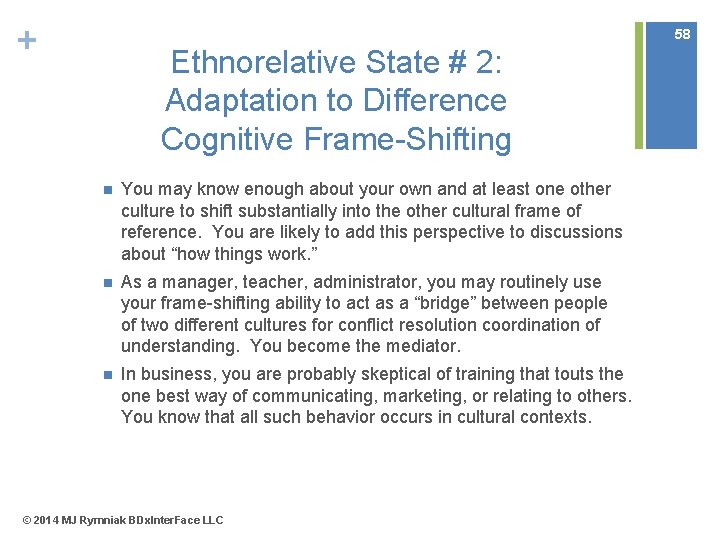 + 58 Ethnorelative State # 2: Adaptation to Difference Cognitive Frame-Shifting n You may