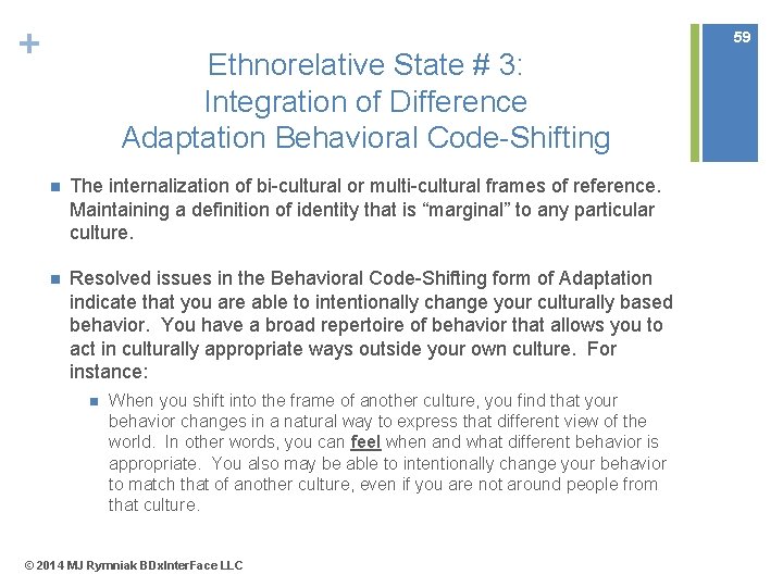 + 59 Ethnorelative State # 3: Integration of Difference Adaptation Behavioral Code-Shifting n The