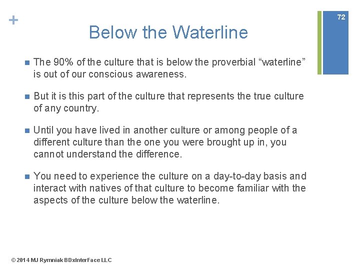 + 72 Below the Waterline n The 90% of the culture that is below