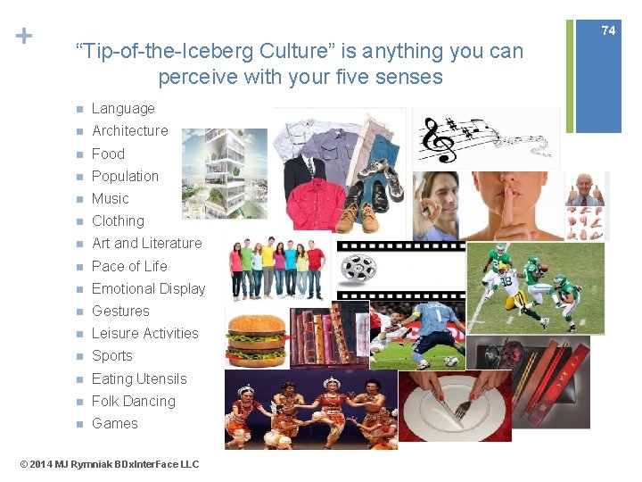 + 74 “Tip-of-the-Iceberg Culture” is anything you can perceive with your five senses n