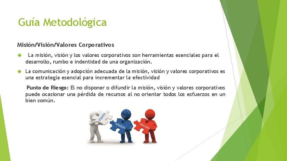 Guía Metodológica Misión/Valores Corporativos La misión, visión y los valores corporativos son herramientas esenciales