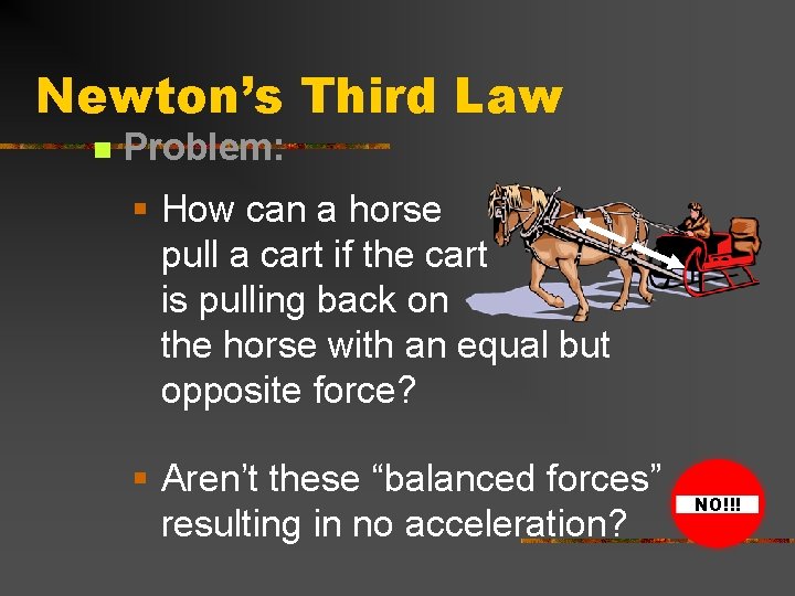 Newton’s Third Law n Problem: § How can a horse pull a cart if