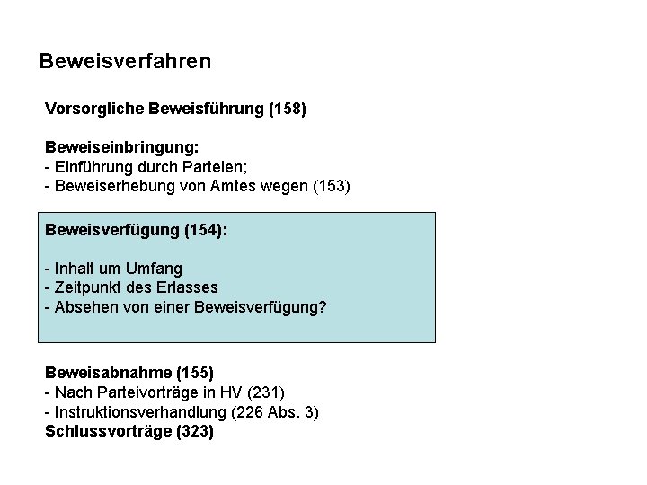 Beweisverfahren Vorsorgliche Beweisführung (158) Beweiseinbringung: - Einführung durch Parteien; - Beweiserhebung von Amtes wegen