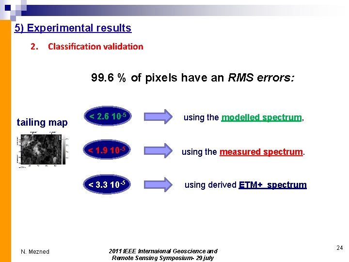 5) Experimental results 2. Classification validation 99. 6 % of pixels have an RMS