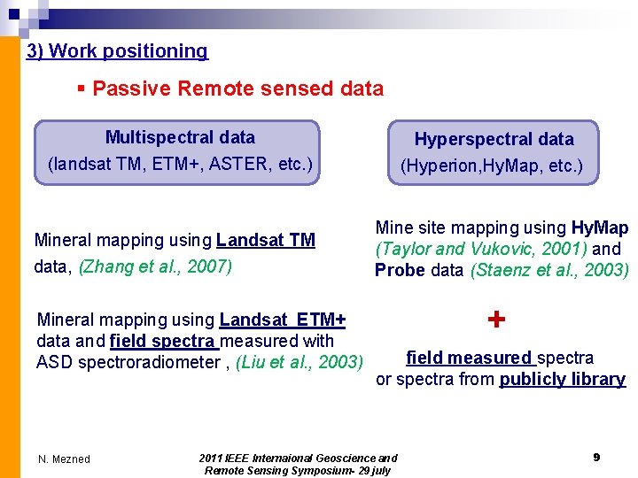 3) Work positioning § Passive Remote sensed data Multispectral data (landsat TM, ETM+, ASTER,
