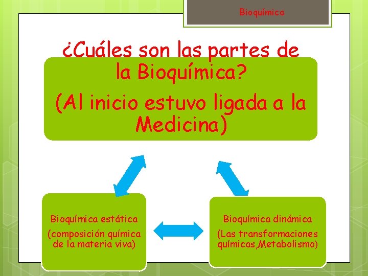 Bioquímica ¿Cuáles son las partes de la Bioquímica? (Al inicio estuvo ligada a la