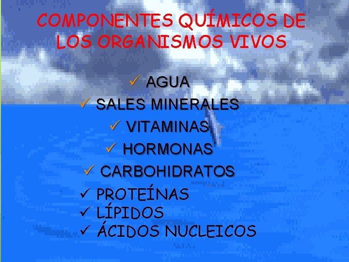 COMPONENTES QUÍMICOS DE LOS ORGANISMOS VIVOS ü AGUA ü SALES MINERALES ü VITAMINAS ü