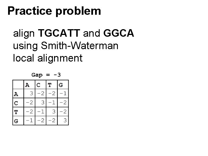 Practice problem align TGCATT and GGCA using Smith-Waterman local alignment 