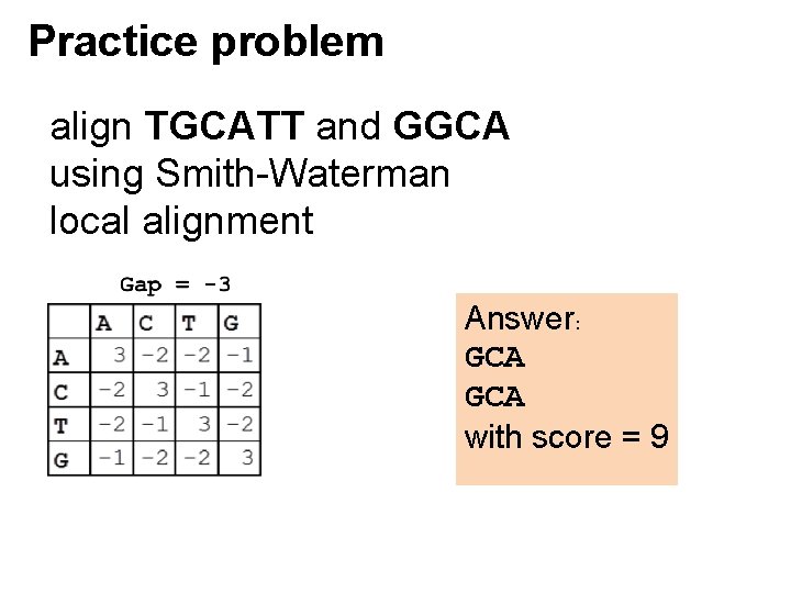 Practice problem align TGCATT and GGCA using Smith-Waterman local alignment Answer: GCA with score