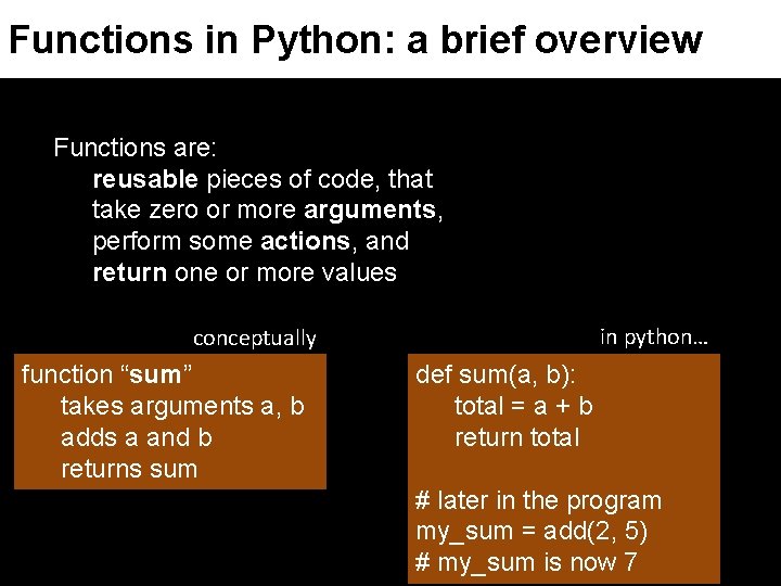 Functions in Python: a brief overview Functions are: reusable pieces of code, that take