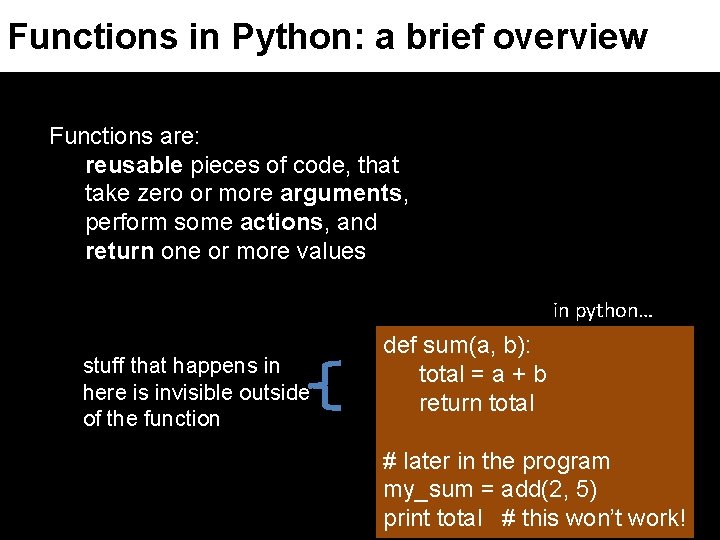 Functions in Python: a brief overview Functions are: reusable pieces of code, that take