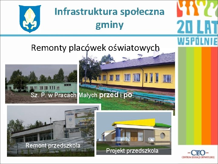 Infrastruktura społeczna gminy Remonty placówek oświatowych Sz. P. w Pracach Małych przed i po