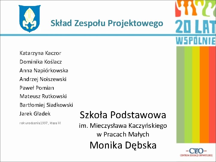 Skład Zespołu Projektowego Katarzyna Kaczor Dominika Koślacz Anna Napiórkowska Andrzej Noiszewski Paweł Pomian Mateusz