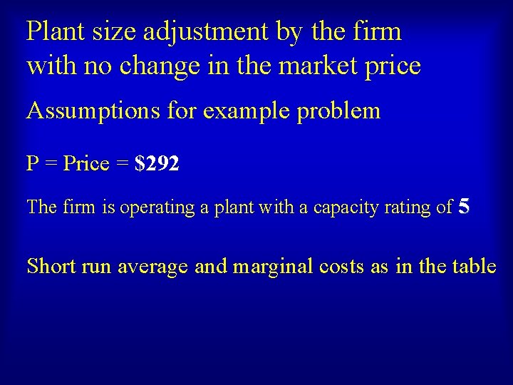 Plant size adjustment by the firm with no change in the market price Assumptions