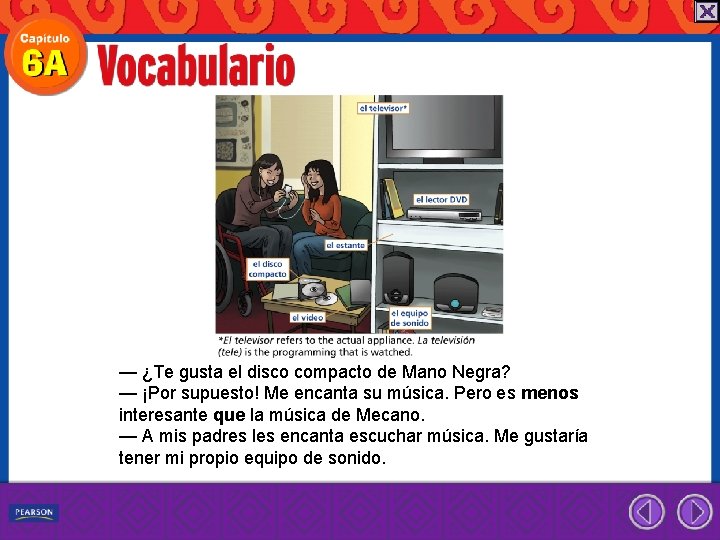 — ¿Te gusta el disco compacto de Mano Negra? — ¡Por supuesto! Me encanta — ¿Te gusta el disco compacto de Mano Negra? — ¡Por supuesto! Me encanta