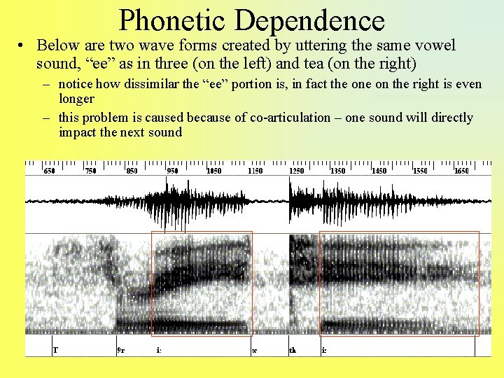 Phonetic Dependence • Below are two wave forms created by uttering the same vowel