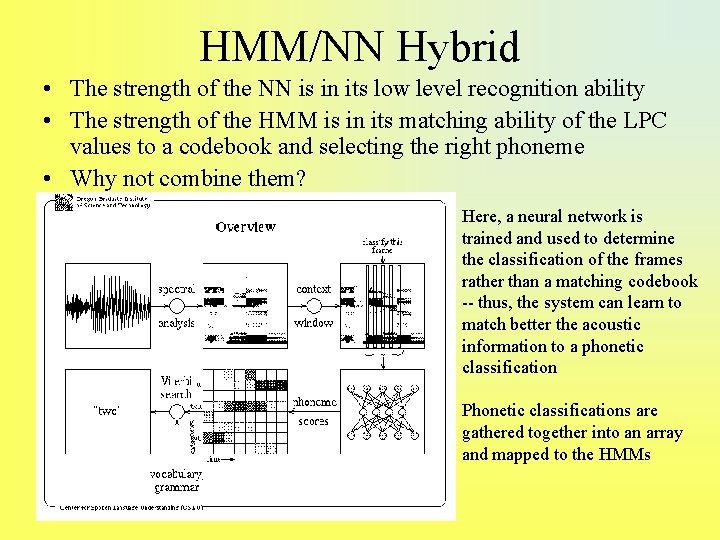 HMM/NN Hybrid • The strength of the NN is in its low level recognition