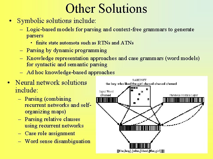 Other Solutions • Symbolic solutions include: – Logic-based models for parsing and context-free grammars