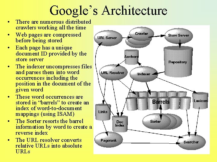 Google’s Architecture • There are numerous distributed crawlers working all the time • Web