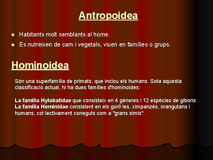 Antropoidea l Habitants molt semblants al home. l Es nutreixen de carn i vegetals,