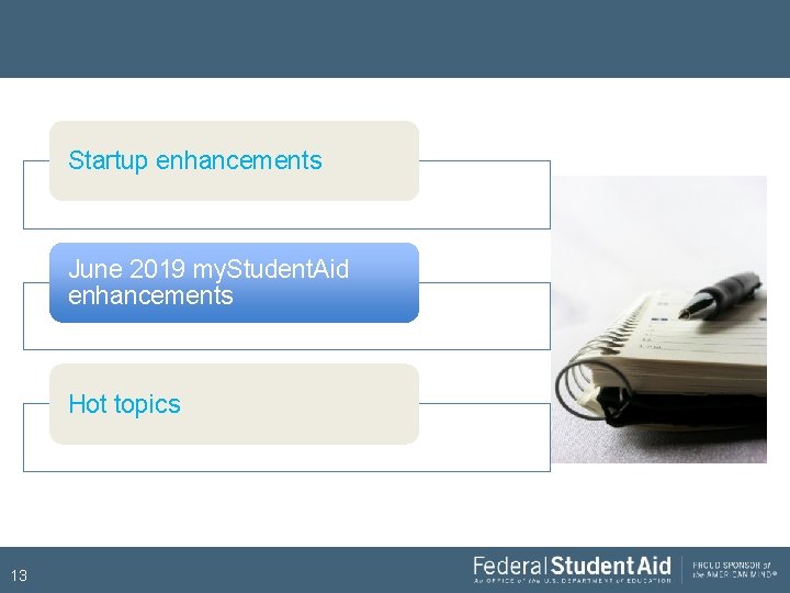 Startup enhancements June 2019 my. Student. Aid enhancements Hot topics 13 