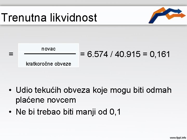 Trenutna likvidnost = novac = 6. 574 / 40. 915 = 0, 161 kratkoročne