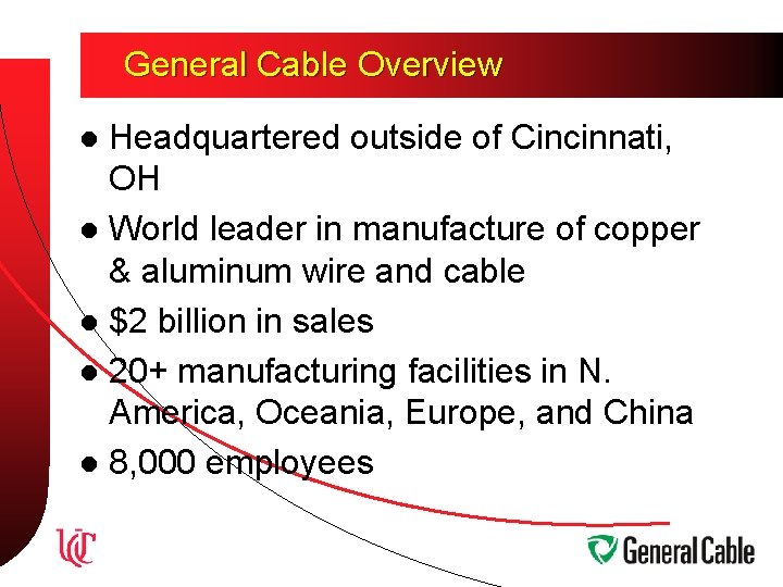 General Cable Overview Headquartered outside of Cincinnati, OH l World leader in manufacture of