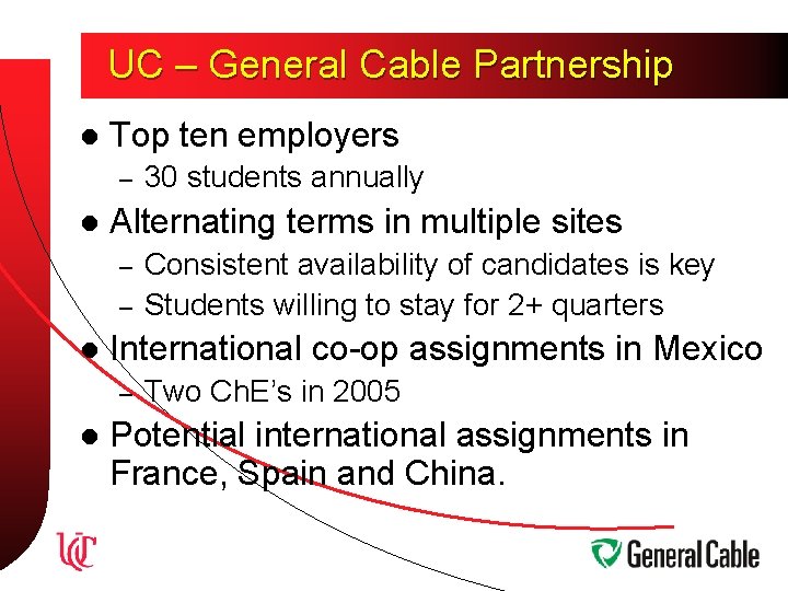 UC – General Cable Partnership l Top ten employers – l Alternating terms in