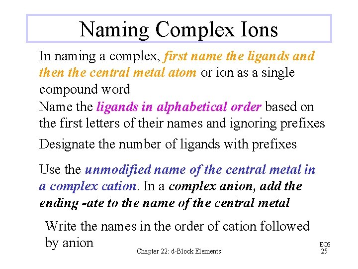 Naming Complex Ions In naming a complex, first name the ligands and then the