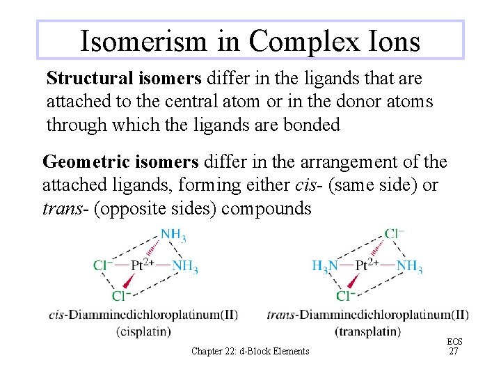 Isomerism in Complex Ions Structural isomers differ in the ligands that are attached to