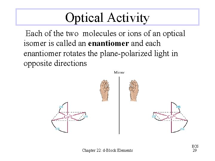 Optical Activity Each of the two molecules or ions of an optical isomer is