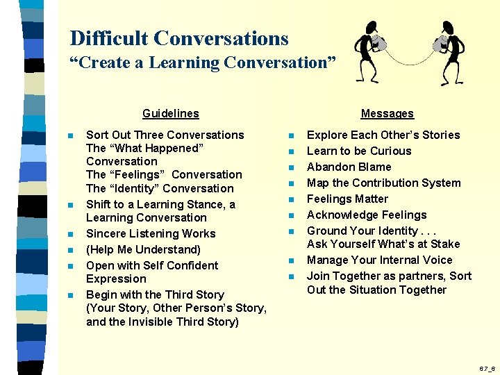 Difficult Conversations “Create a Learning Conversation” Guidelines n n n Sort Out Three Conversations